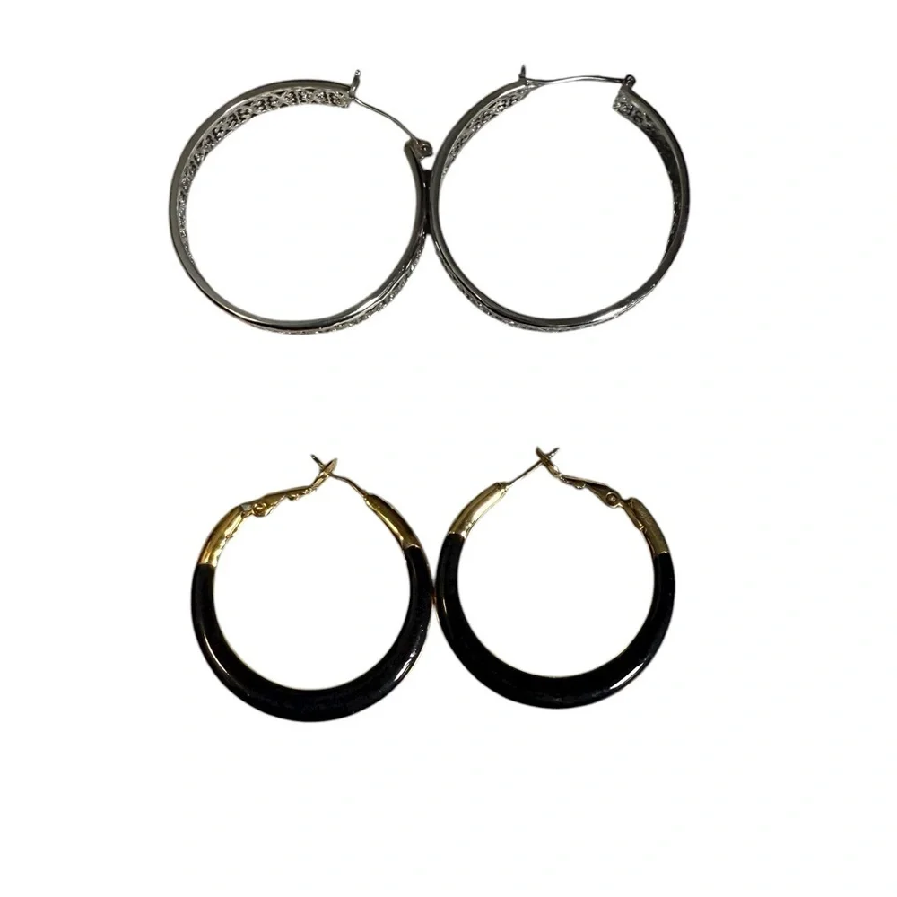 Lot Of 2 Hoop Earrings Silver Filigree & Black Enamel Gold Tone 2/$18